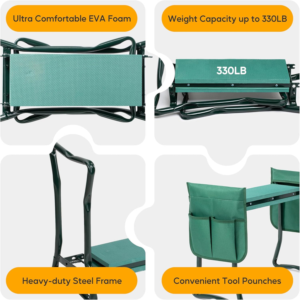 Simple Deluxe Garden Kneeler and Seat, Foldable Kneeling Stool with Thicker EVA Foam Pad Heavy Duty Bench, with Tool Pouch, Gifts for Outdoor Gardening, Fishing, Green, Arbor Day Gift