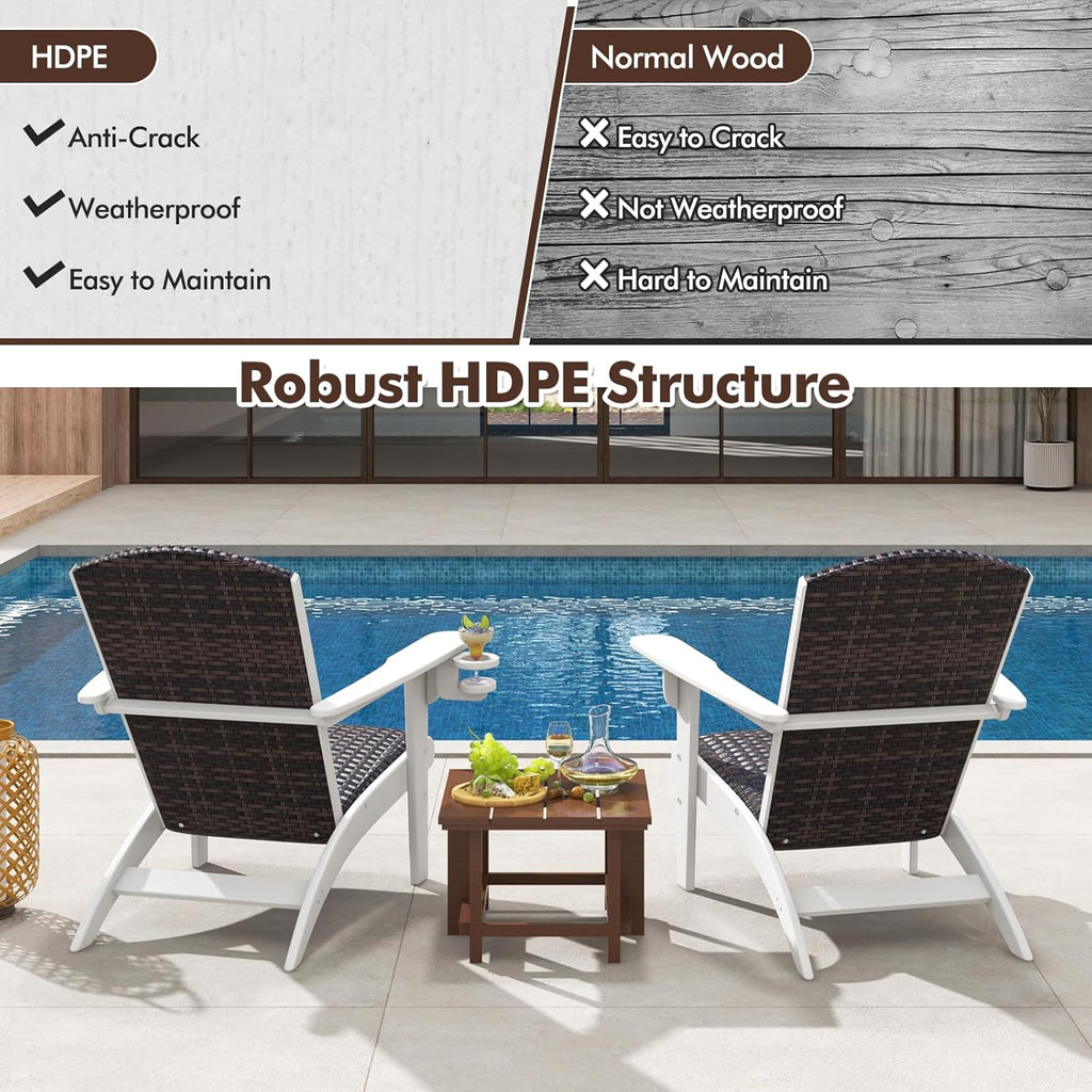 Tangkula Patio Wicker Adirondack Chair, HDPE Lounge Chair w/Rattan Padded Seat & Back, Wide Armrests & Hidden Cupholder, Outdoor All-Weather Adirondack Fire Pit Chair for Backyard, Lawn (1, White)