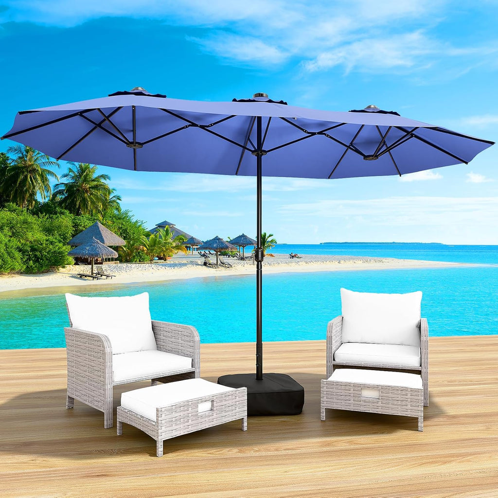 LEVELEVE 14FT Large Patio Patio Umbrella with Base & Solar LED Lights - Double-Sided,Kahaki