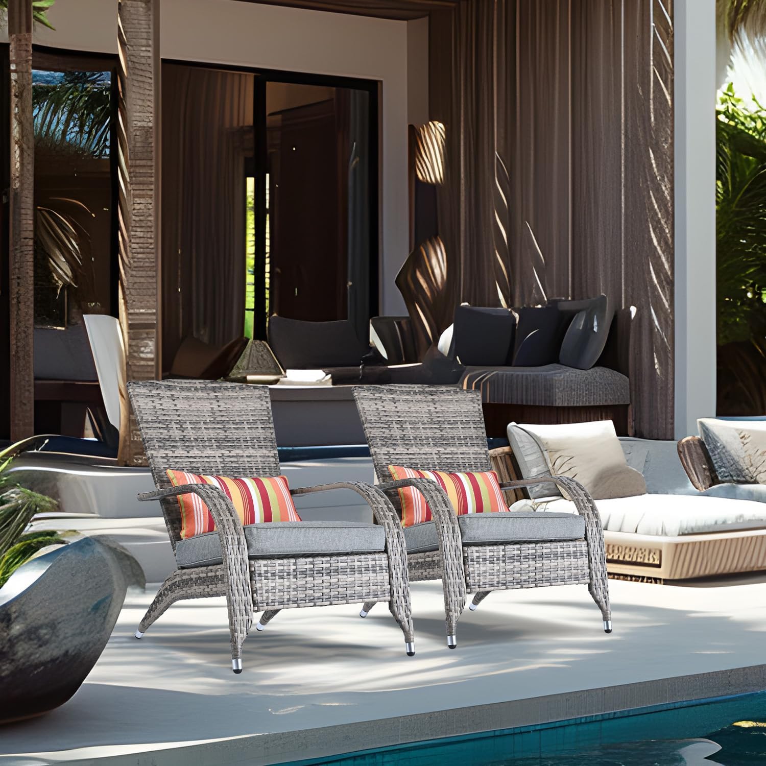 Outdoor Wicker Adirondack Chairs Set 2 Rattan Fire Pit Chairs Oversized Comfy Relax Accent Patio Chairs with Soft Cushion Low Deep Seating Tall Curved Backrest for Outside Backyard Deck Porch Navy