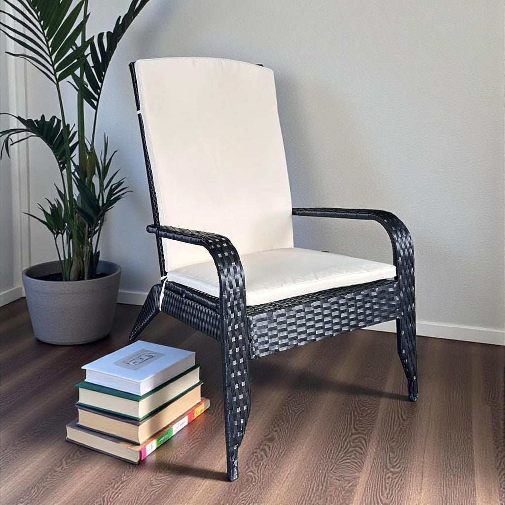 Outdoor Wicker Adirondack Chair, Oversized Rattan Lounge Armchair with Cushion, Low Deep Seating High Back Patio Chair for Porch, Deck, Balcony, Lawn, Backyard (Black)