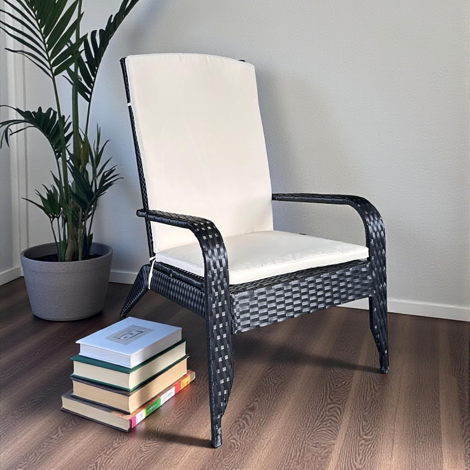 Outdoor Wicker Adirondack Chair, Oversized Rattan Lounge Armchair with Cushion, Low Deep Seating High Back Patio Chair for Porch, Deck, Balcony, Lawn, Backyard (Black)