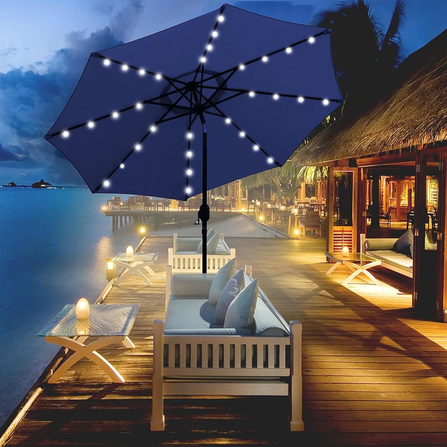 Blissun 9 ft Solar Umbrella 32 LED Lighted Patio Umbrella Table Market Umbrella with Tilt and Crank Outdoor Umbrella for Garden, Deck, Backyard, Pool and Beach (Navy Blue)