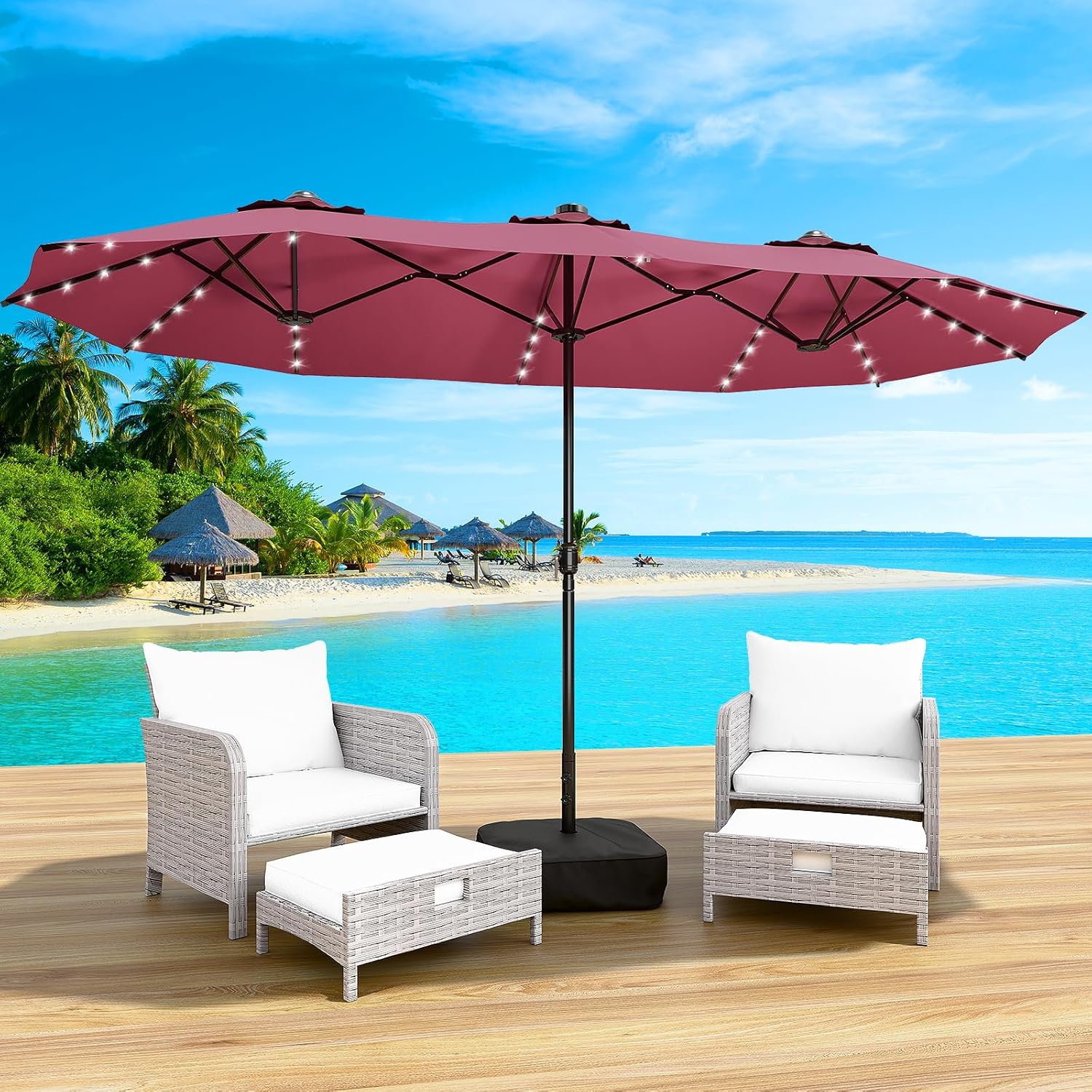 LEVELEVE 14FT Large Patio Patio Umbrella with Base & Solar LED Lights - Double-Sided,Kahaki