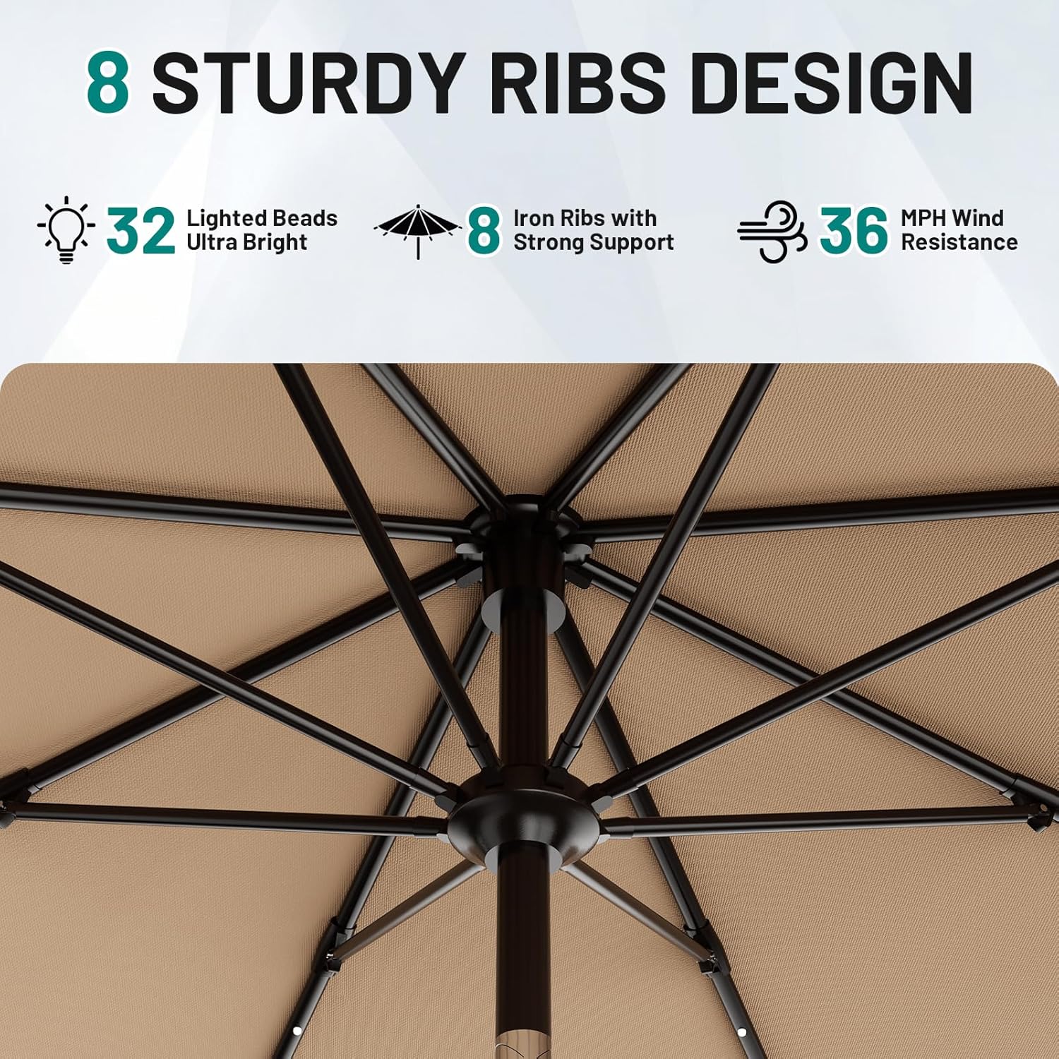 AreShark 9FT Patio Umbrella with Solar Lights, 32 Lighted Pool Umbrella w/Tilt and Crank, Outdoor Market Solar Umbrellas for Garden, Deck, Backyard, Pool and Beach, Beige