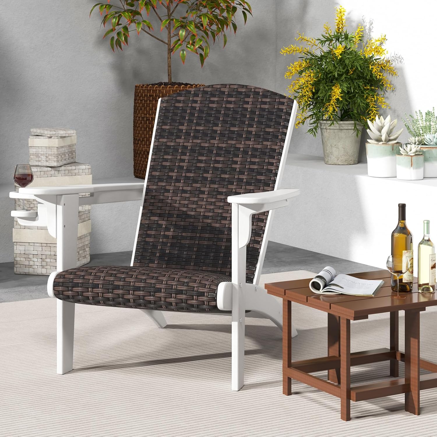 Tangkula Patio Wicker Adirondack Chair, HDPE Lounge Chair w/Rattan Padded Seat & Back, Wide Armrests & Hidden Cupholder, Outdoor All-Weather Adirondack Fire Pit Chair for Backyard, Lawn (1, White)