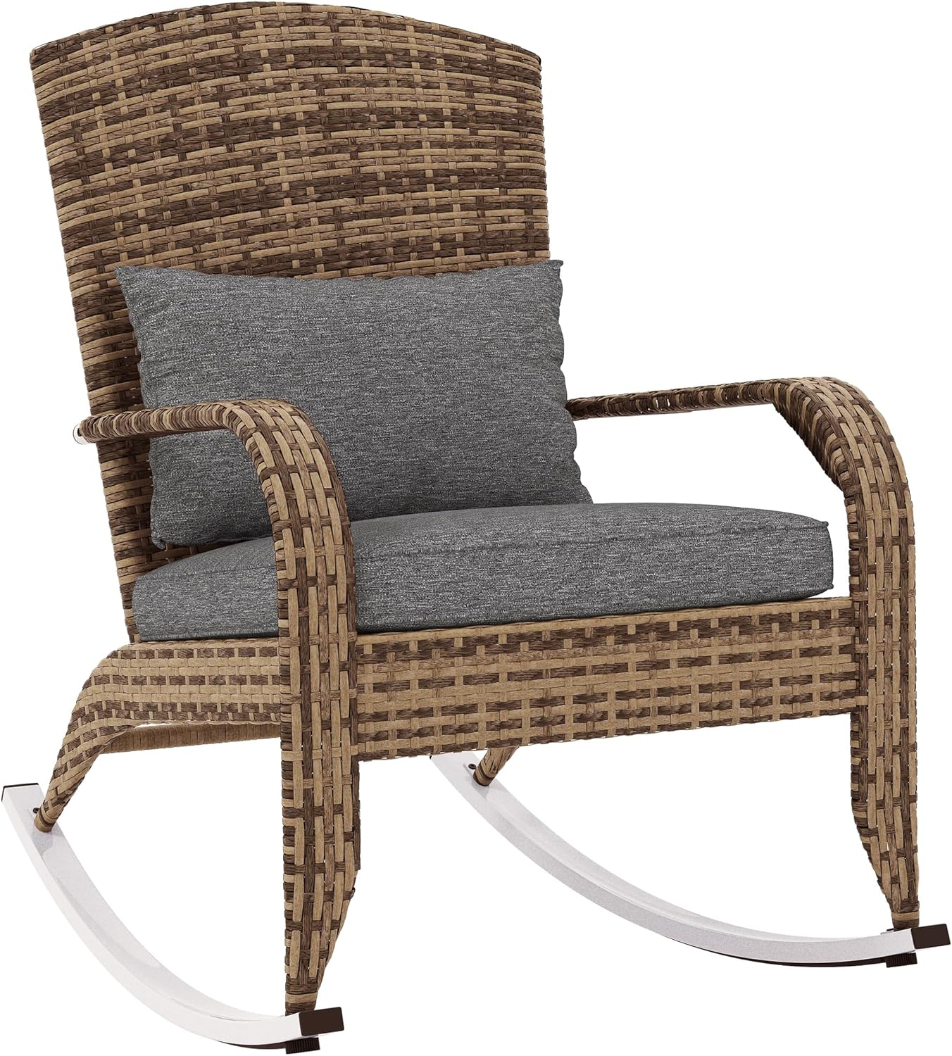 Outsunny Outdoor Wicker Adirondack Rocking Chair, Patio Rattan Rocker Chair with High Back, Seat Cushion, and Pillow for Garden, Porch, Balcony, Dark Blue