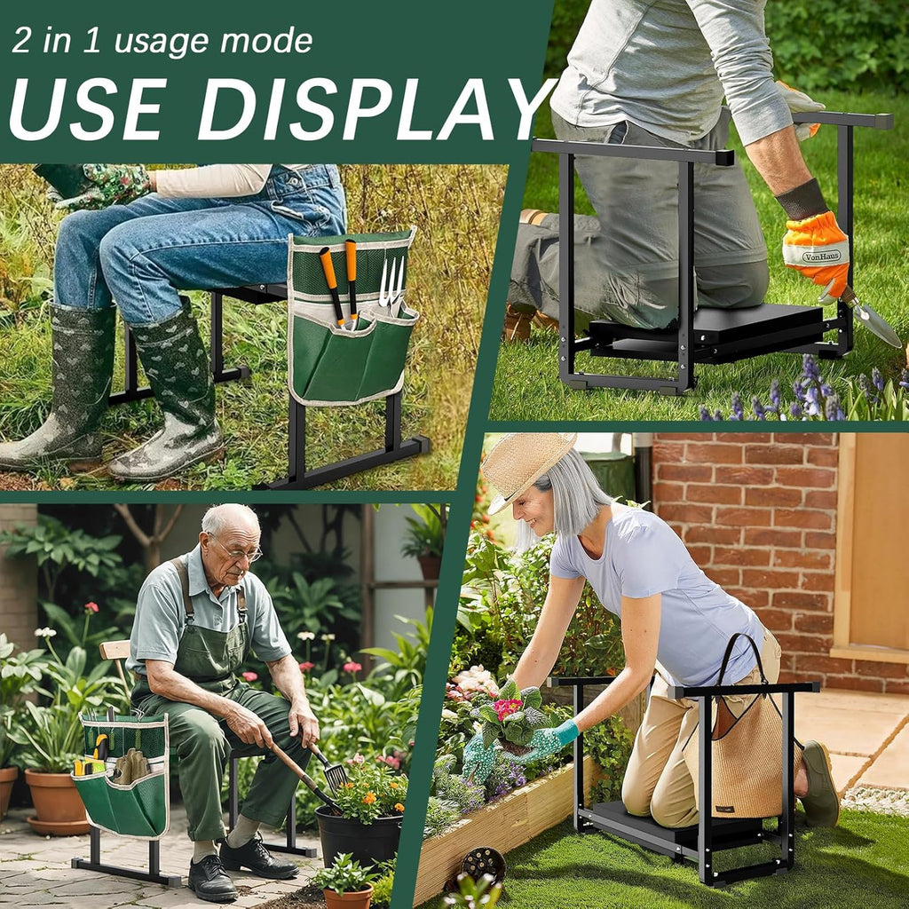 FLINTER Garden Kneelers Seat, Stable and Save Tip-Resistant Design 10.2" Wider Garden Kneeler and Seat with Handle, Heavy Duty Gardening Stool for Seniors, Gardening Weeding Bench for Parents - Black