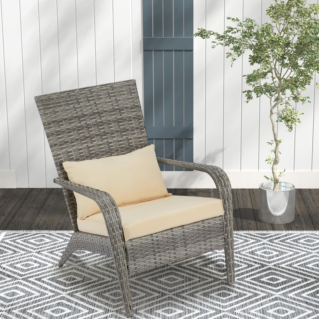 AECOJOY Outdoor Dining Chairs, Outdoor Patio Adirondack Rattan Chair with Cushion and Pillow for Garden,Backyard,Porch, Grey