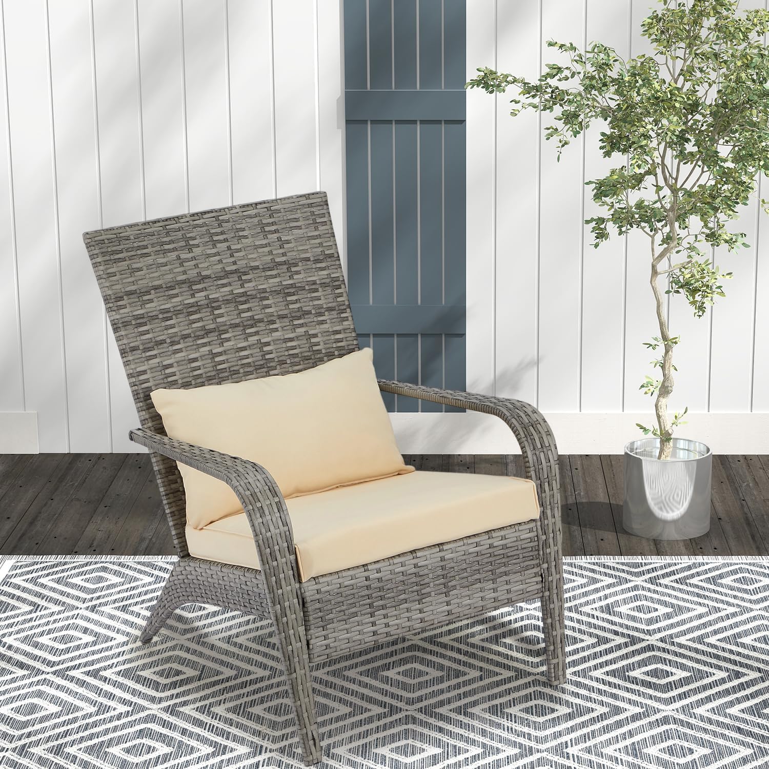 AECOJOY Outdoor Dining Chairs, Outdoor Patio Adirondack Rattan Chair with Cushion and Pillow for Garden,Backyard,Porch, Grey