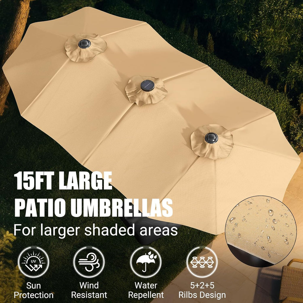 LEVELEVE 14FT Large Patio Patio Umbrella with Base & Solar LED Lights - Double-Sided,Kahaki