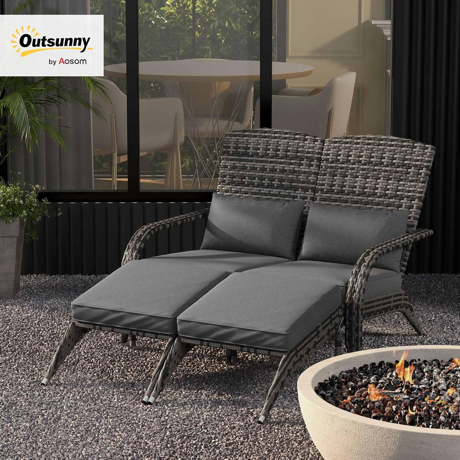 Outsunny Wicker Adirondack Chair for 2 with Cushions and Footrests, High-Back Fire Pit Porch Chair, PE Rattan Double Chaise Lounge Chair with Wide Armrests, Mixed Gray