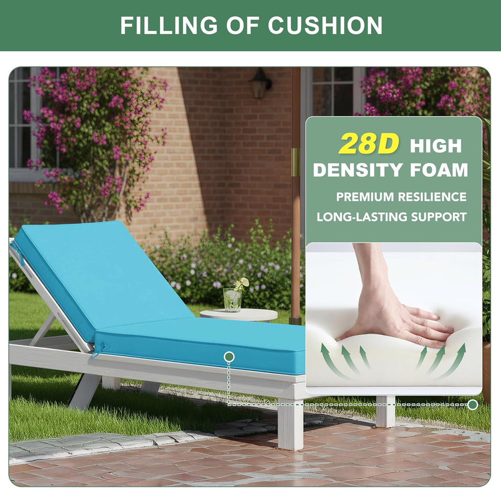 Chaise Lounge Cushions Outdoor Set of 2 - Waterproof and Fade Resistant Sun Lounger Replacement Cushions - Patio Lounger Pads with Removable Cover for Pool, Deck, Lawn, 72 x 21 x 3 Inch, Teal
