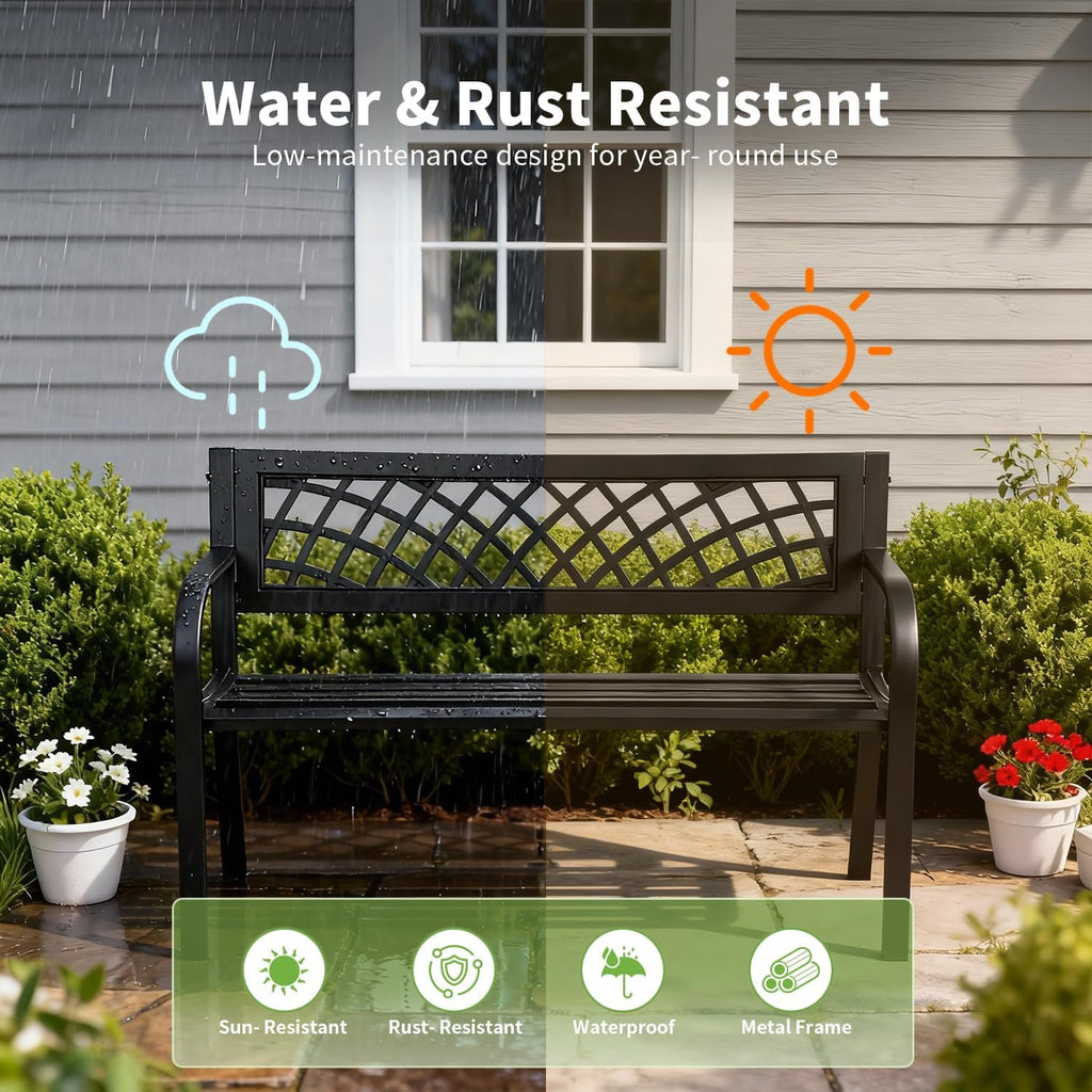 Garden Bench,Outdoor Benches,Iron Steel Frame Patio Bench with Mesh Pattern and Plastic Backrest Armrests for Lawn Yard Porch Work Entryway,Black