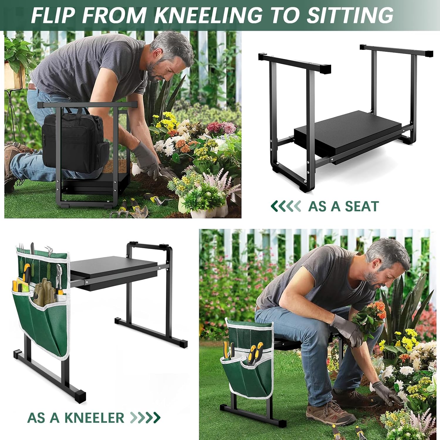 FLINTER Garden Kneelers Seat, Stable and Save Tip-Resistant Design 10.2" Wider Garden Kneeler and Seat with Handle, Heavy Duty Gardening Stool for Seniors, Gardening Weeding Bench for Parents - Black