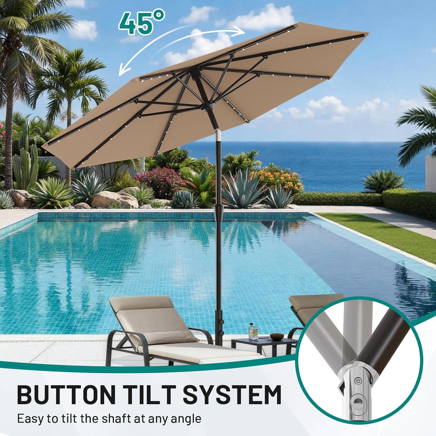 AreShark 9FT Patio Umbrella with Solar Lights, 32 Lighted Pool Umbrella w/Tilt and Crank, Outdoor Market Solar Umbrellas for Garden, Deck, Backyard, Pool and Beach, Beige