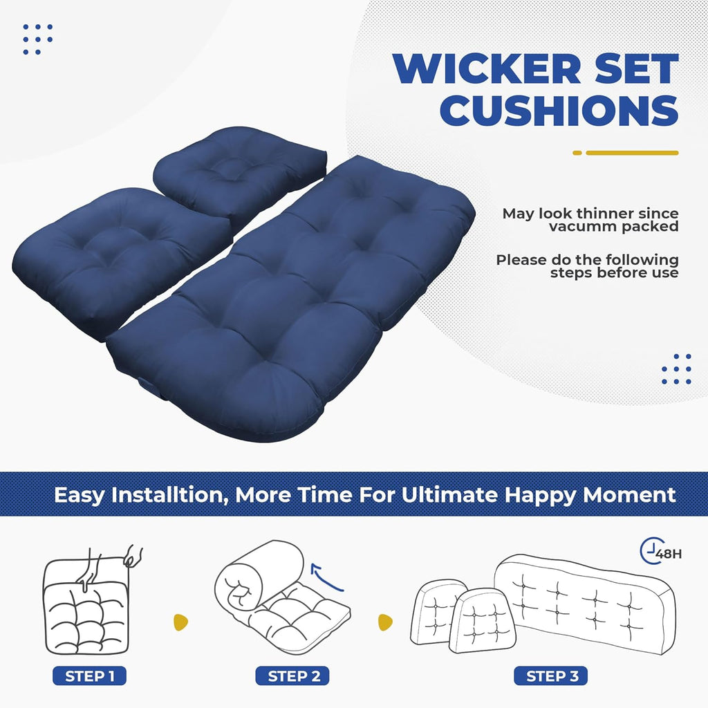 Wicker Chair Cushions, Waterproof Outdoor Loveseat Cushions for Patio Furniture, 3 Pieces Wicker Furniture Cushions, 1 Loveseat and 2 U-Shaped Cushions, Blue