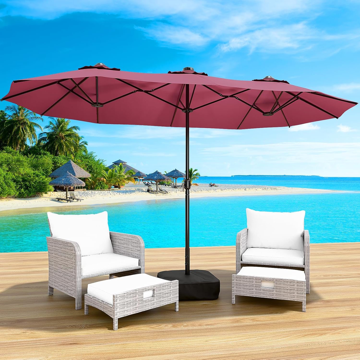 LEVELEVE 14FT Large Patio Patio Umbrella with Base & Solar LED Lights - Double-Sided,Kahaki