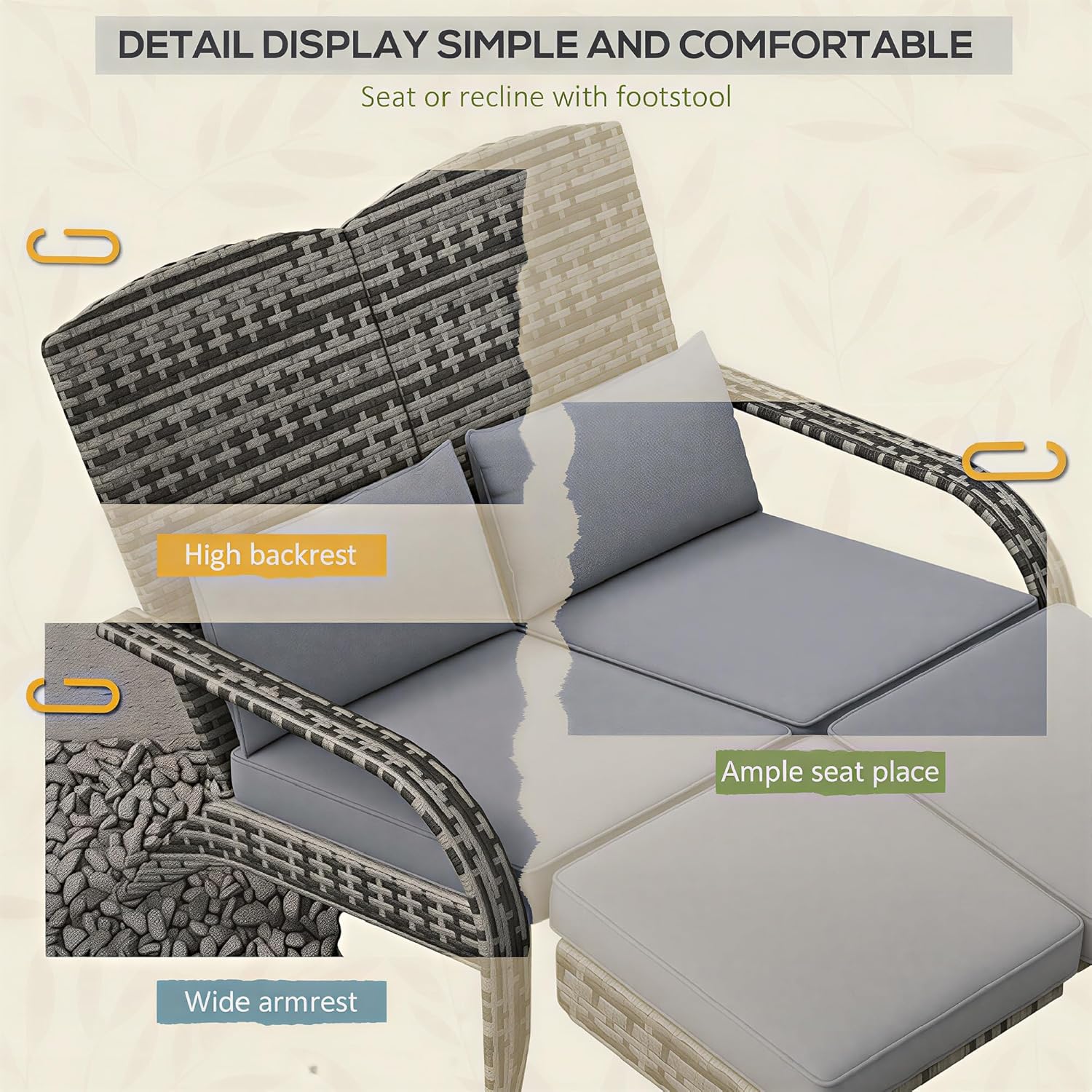 Outsunny Wicker Adirondack Chair for 2 with Cushions and Footrests, High-Back Fire Pit Porch Chair, PE Rattan Double Chaise Lounge Chair with Wide Armrests, Mixed Gray