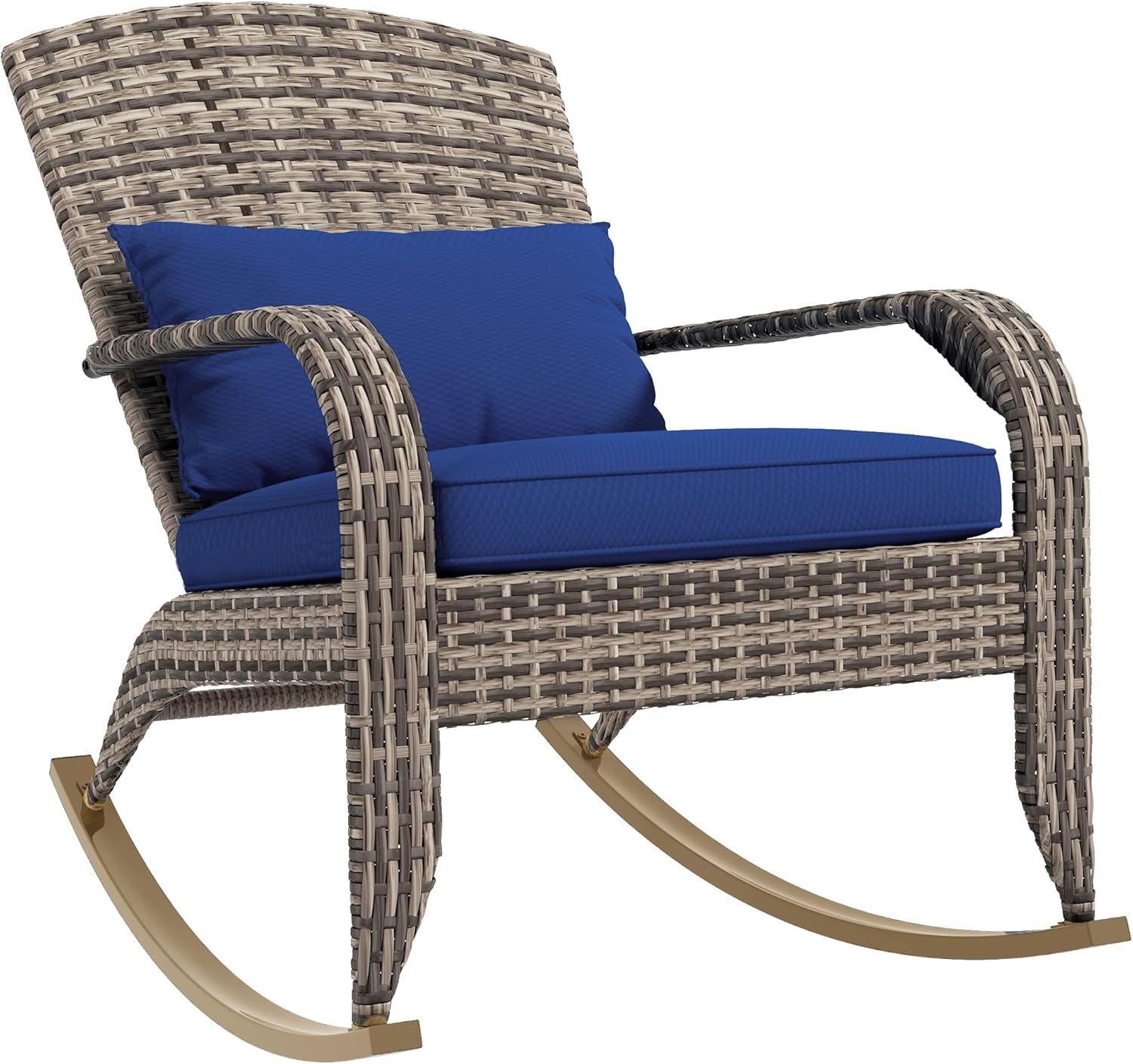 Outsunny Outdoor Wicker Adirondack Rocking Chair, Patio Rattan Rocker Chair with High Back, Seat Cushion, and Pillow for Garden, Porch, Balcony, Dark Blue