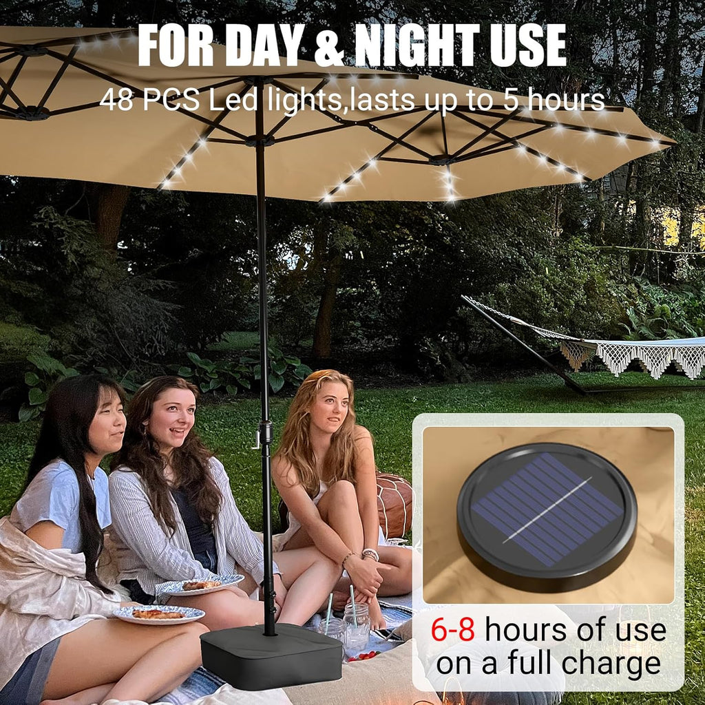 LEVELEVE 14FT Large Patio Patio Umbrella with Base & Solar LED Lights - Double-Sided,Kahaki