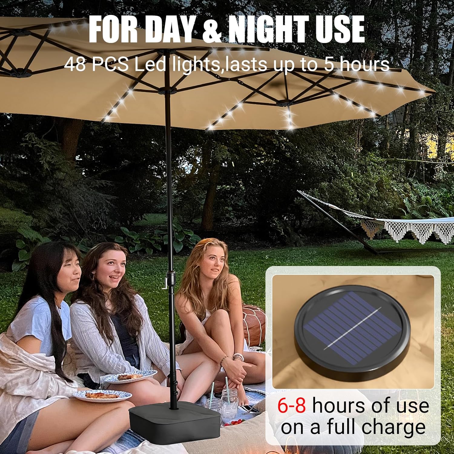 LEVELEVE 14FT Large Patio Patio Umbrella with Base & Solar LED Lights - Double-Sided,Kahaki