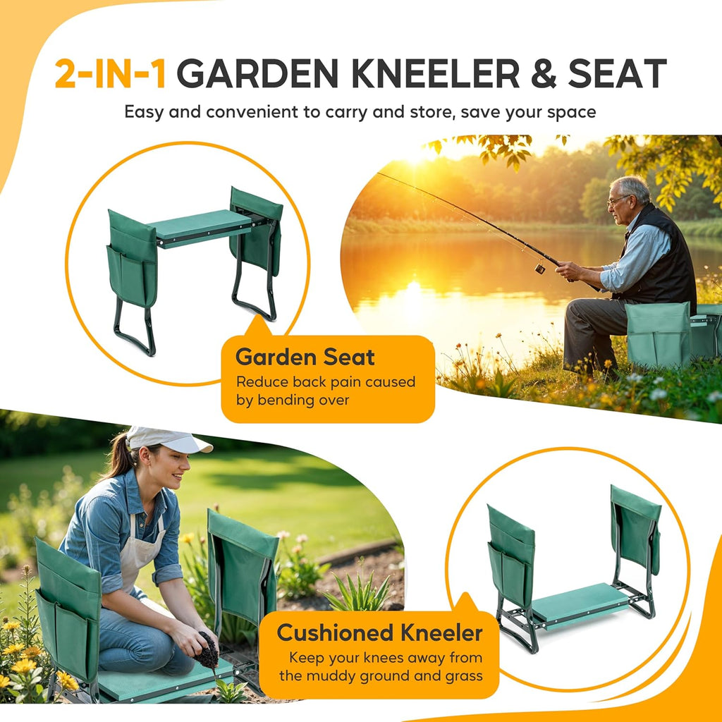 Simple Deluxe Garden Kneeler and Seat, Foldable Kneeling Stool with Thicker EVA Foam Pad Heavy Duty Bench, with Tool Pouch, Gifts for Outdoor Gardening, Fishing, Green, Arbor Day Gift