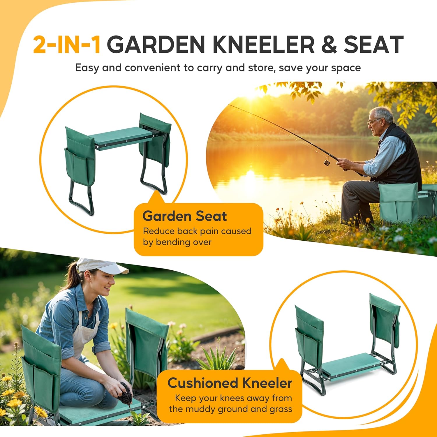 Simple Deluxe Garden Kneeler and Seat, Foldable Kneeling Stool with Thicker EVA Foam Pad Heavy Duty Bench, with Tool Pouch, Gifts for Outdoor Gardening, Fishing, Green, Arbor Day Gift