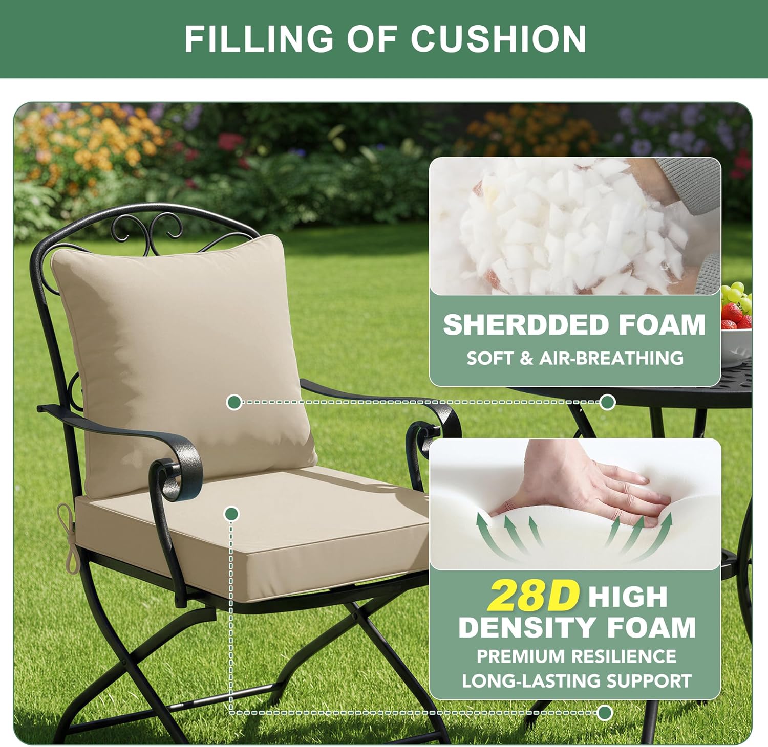 Outdoor Chair Cushions Set of 4, Waterproof Backrest and Deep Seat Cushion Set for Patio Furniture, Outdoor Sofa Replacement Cushions with Removable Cover, 24 x 24 Inch, Cream