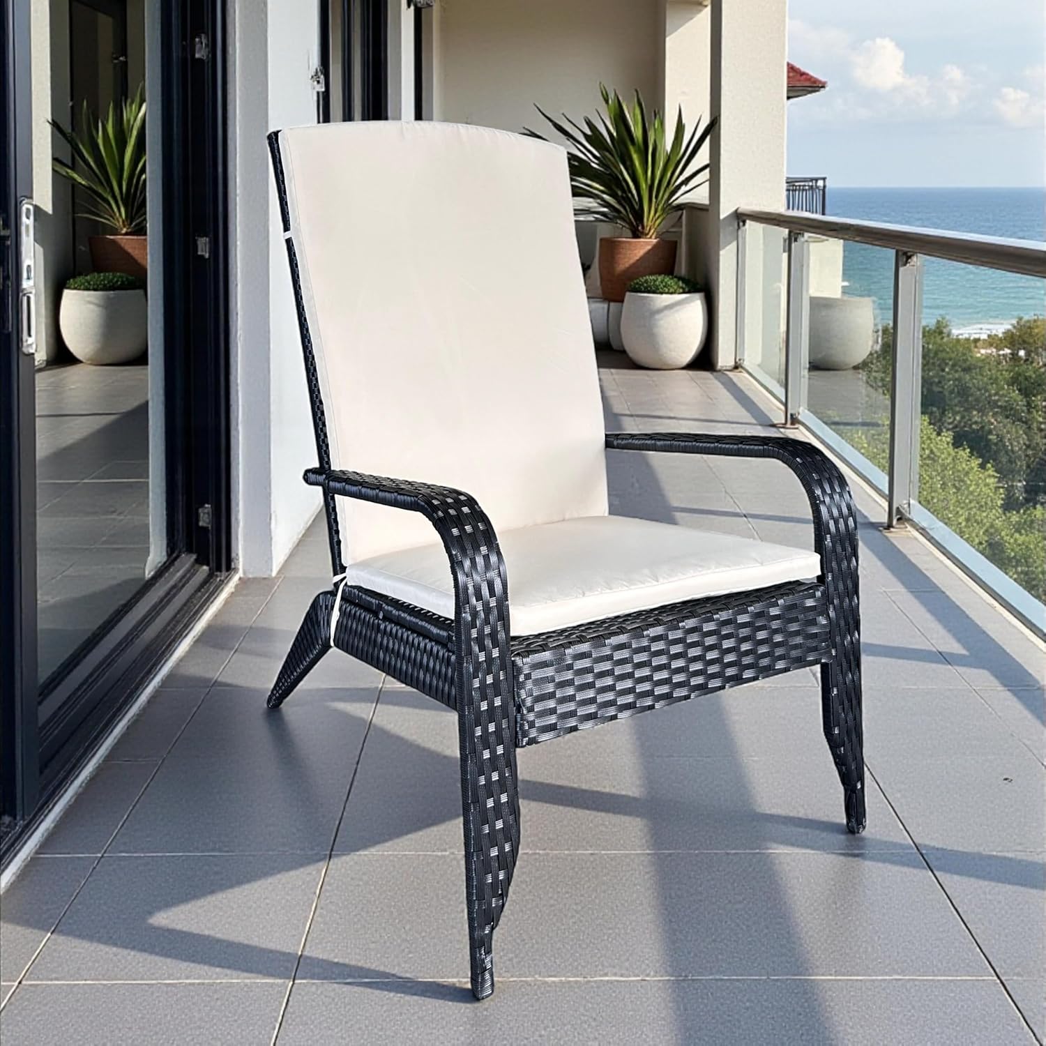 Outdoor Wicker Adirondack Chair, Oversized Rattan Lounge Armchair with Cushion, Low Deep Seating High Back Patio Chair for Porch, Deck, Balcony, Lawn, Backyard (Black)