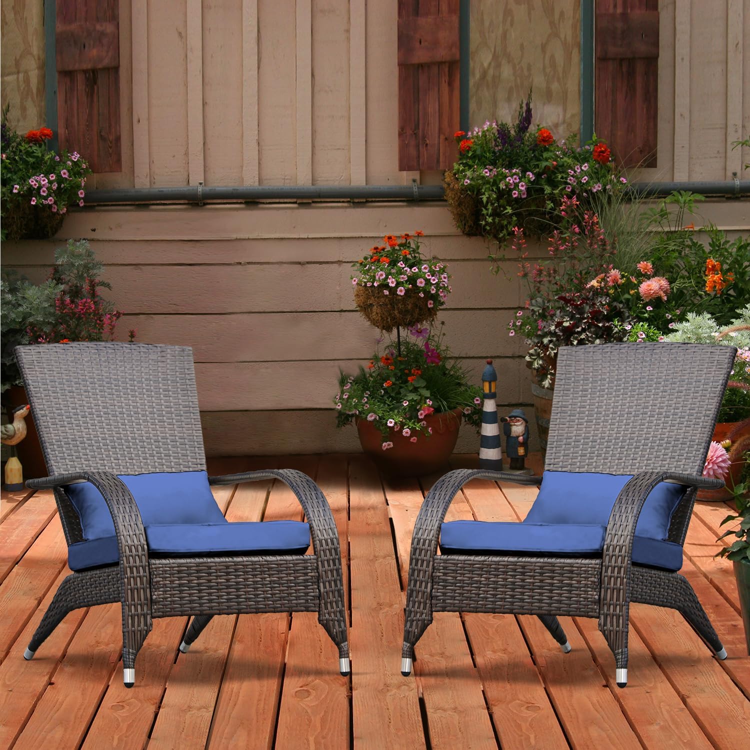 Outdoor Wicker Adirondack Chairs Set 2 Rattan Fire Pit Chairs Oversized Comfy Relax Accent Patio Chairs with Soft Cushion Low Deep Seating Tall Curved Backrest for Outside Backyard Deck Porch Navy