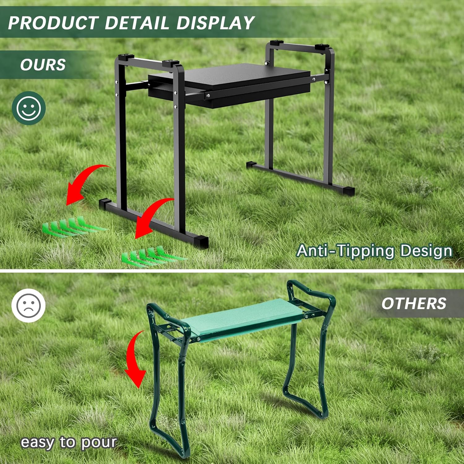 FLINTER Garden Kneelers Seat, Stable and Save Tip-Resistant Design 10.2" Wider Garden Kneeler and Seat with Handle, Heavy Duty Gardening Stool for Seniors, Gardening Weeding Bench for Parents - Black