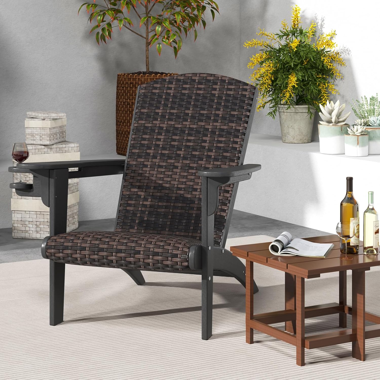 Tangkula Patio Wicker Adirondack Chair, HDPE Lounge Chair w/Rattan Padded Seat & Back, Wide Armrests & Hidden Cupholder, Outdoor All-Weather Adirondack Fire Pit Chair for Backyard, Lawn (1, White)