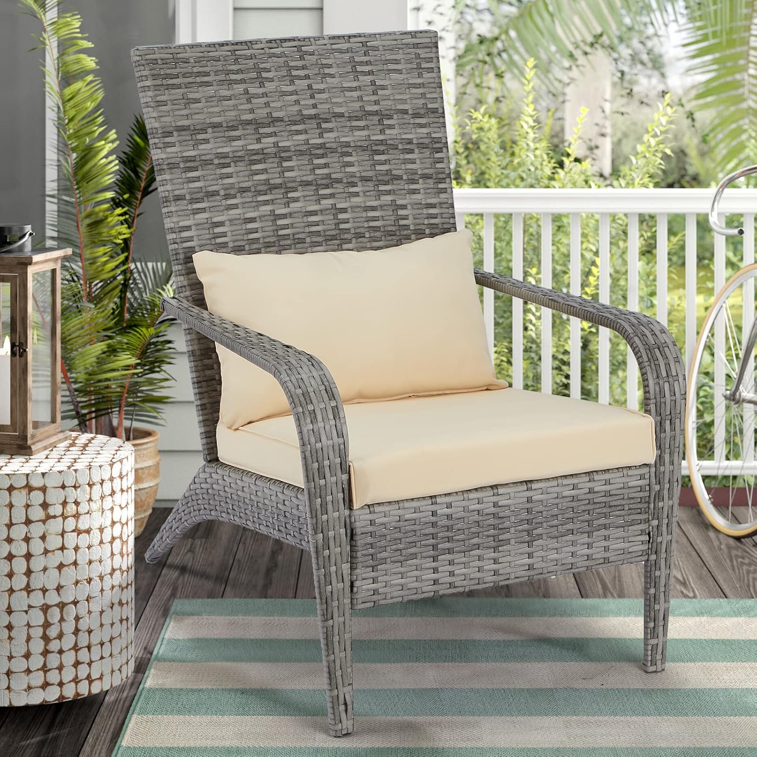 AECOJOY Outdoor Dining Chairs, Outdoor Patio Adirondack Rattan Chair with Cushion and Pillow for Garden,Backyard,Porch, Grey