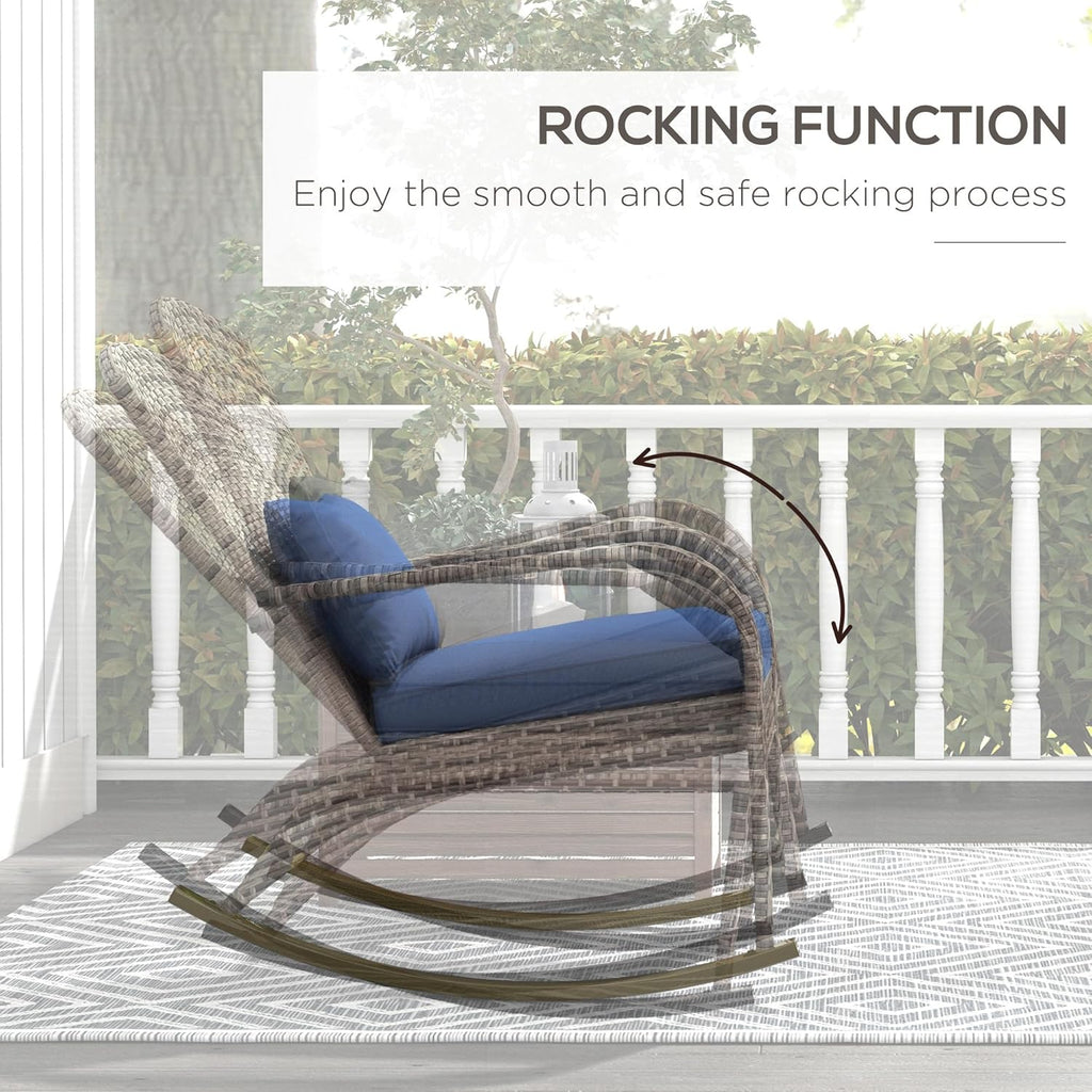 Outsunny Outdoor Wicker Adirondack Rocking Chair, Patio Rattan Rocker Chair with High Back, Seat Cushion, and Pillow for Garden, Porch, Balcony, Dark Blue