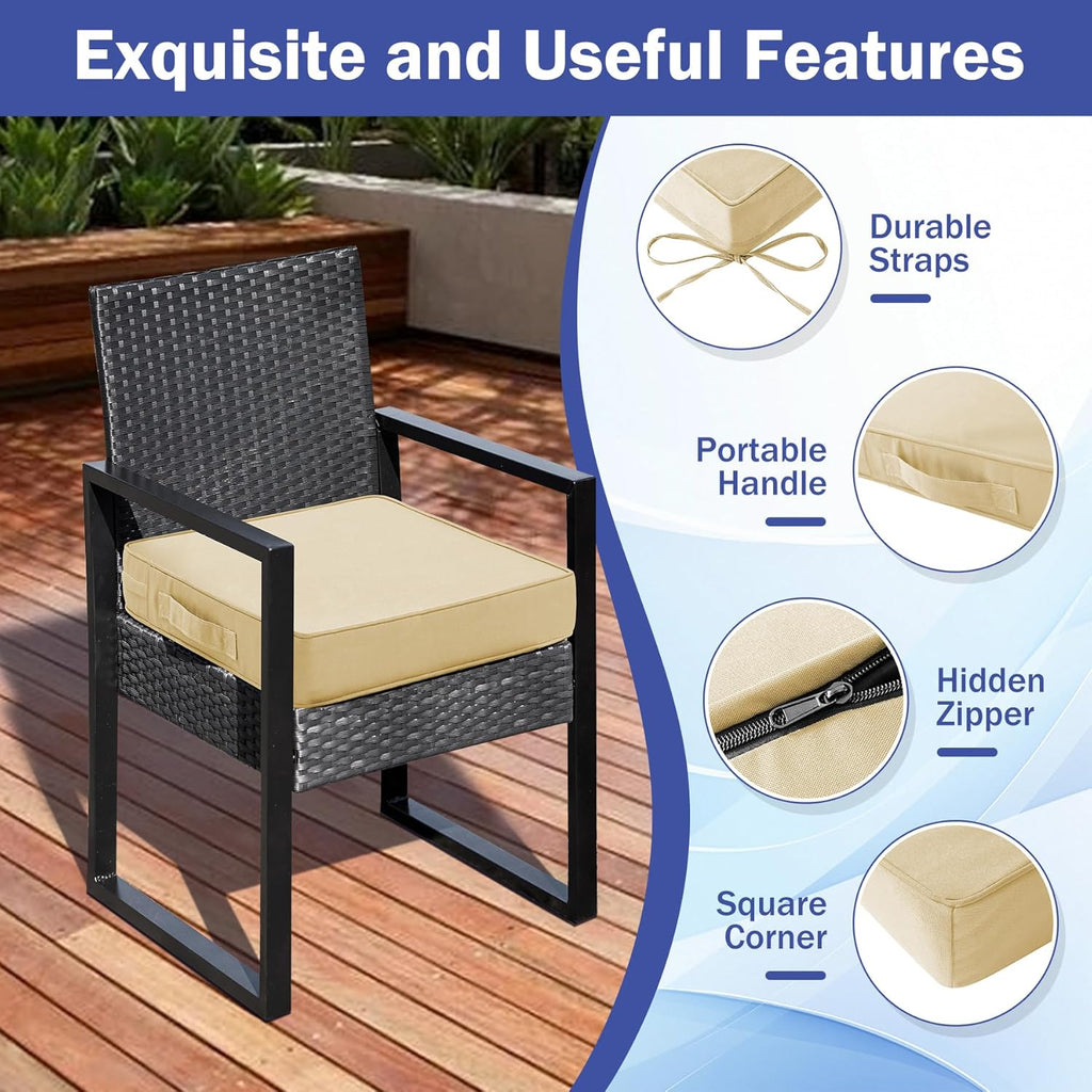 Patio Chair Cushions, 19" x 19" x 3" Outdoor Chair Cushions Set of 4, Waterproof Outdoor Cushions for Patio Furniture, Outdoors Seat Cushions Set of 4 with Handle and Ties, Light Khaki
