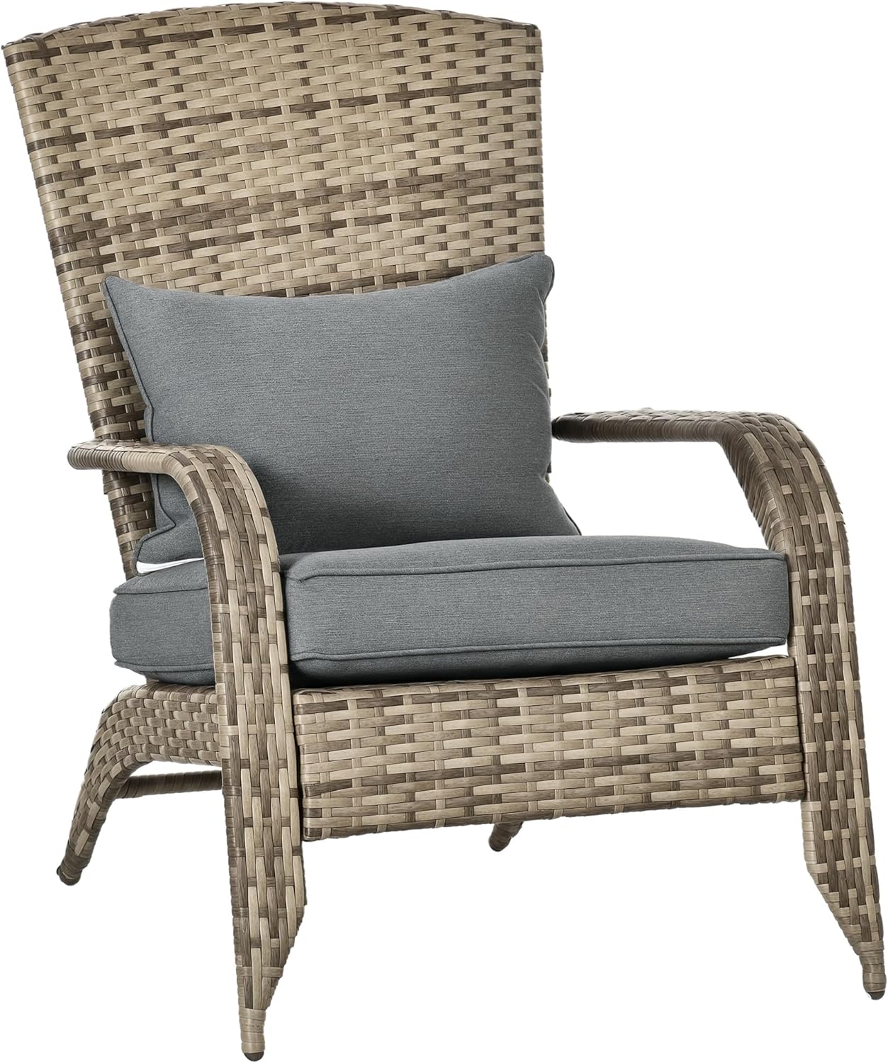 Outsunny Patio Wicker Adirondack Chair, Outdoor All-Weather Rattan Fire Pit Chair with Soft Cushions, Tall Curved Backrest and Comfortable Armrests for Deck or Garden, Dark Blue