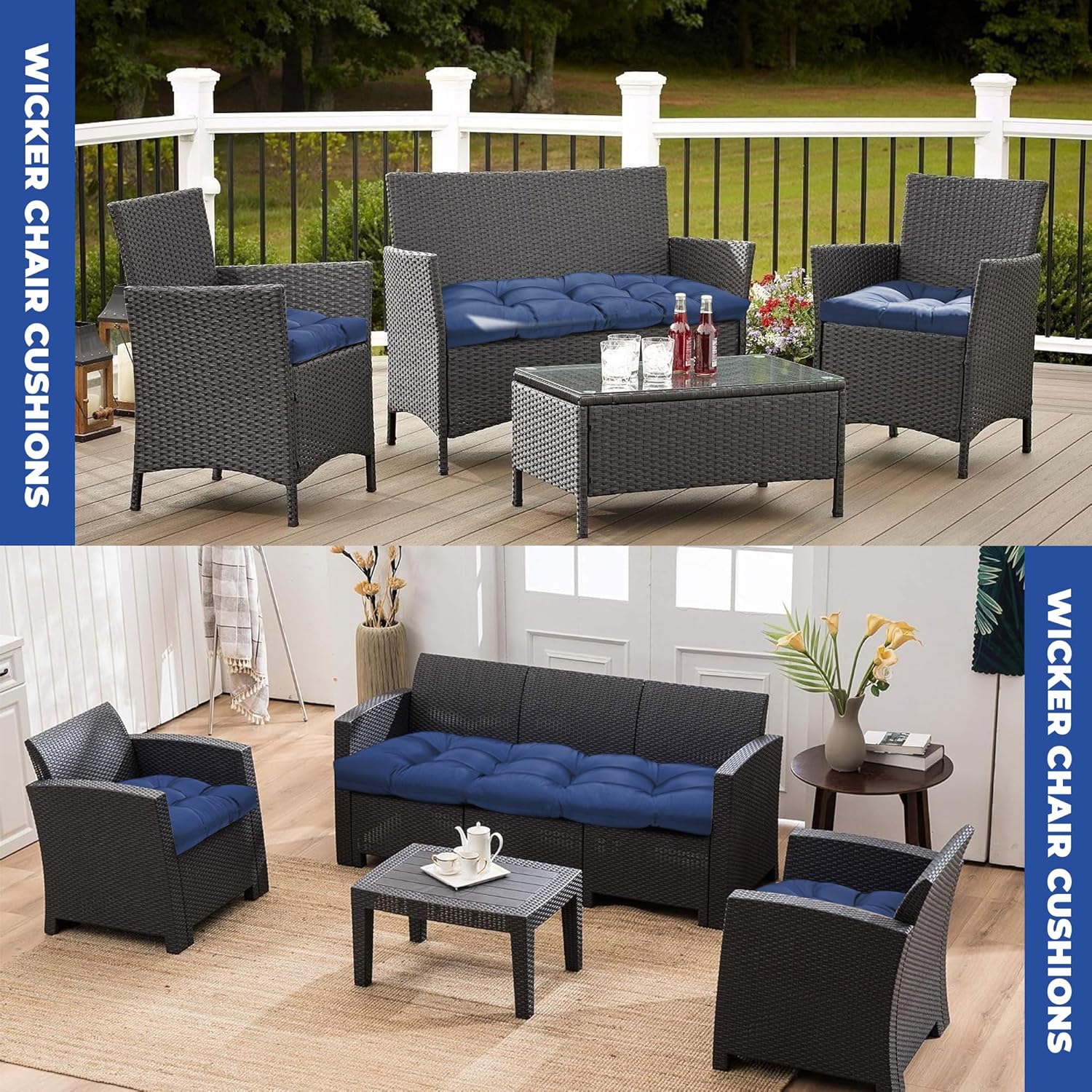 Wicker Chair Cushions, Waterproof Outdoor Loveseat Cushions for Patio Furniture, 3 Pieces Wicker Furniture Cushions, 1 Loveseat and 2 U-Shaped Cushions, Blue