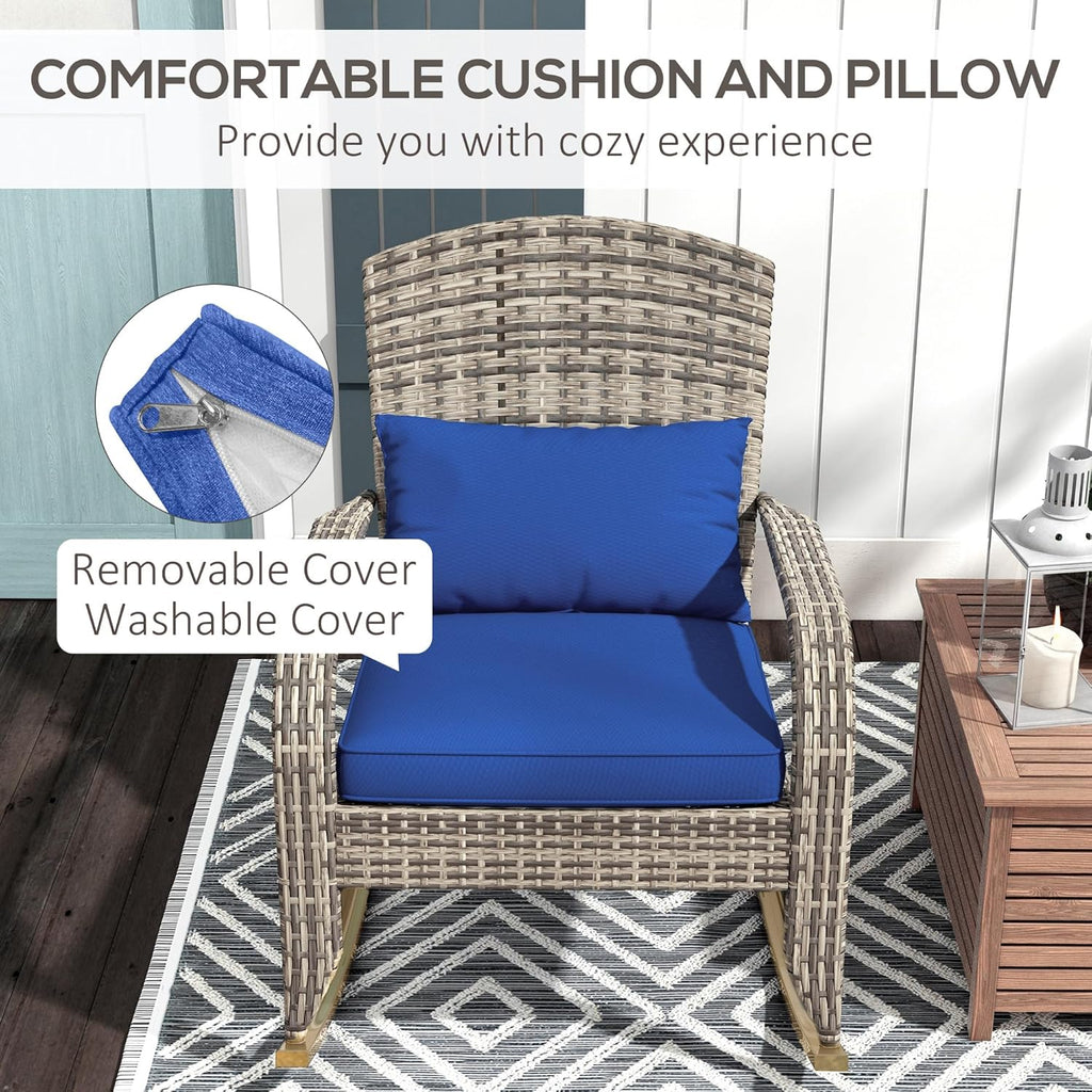 Outsunny Outdoor Wicker Adirondack Rocking Chair, Patio Rattan Rocker Chair with High Back, Seat Cushion, and Pillow for Garden, Porch, Balcony, Dark Blue
