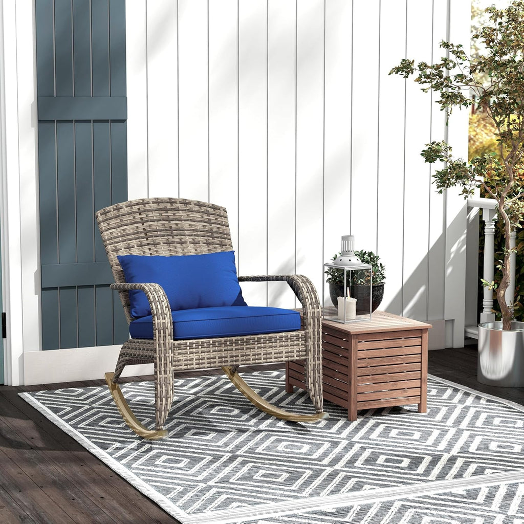 Outsunny Outdoor Wicker Adirondack Rocking Chair, Patio Rattan Rocker Chair with High Back, Seat Cushion, and Pillow for Garden, Porch, Balcony, Dark Blue