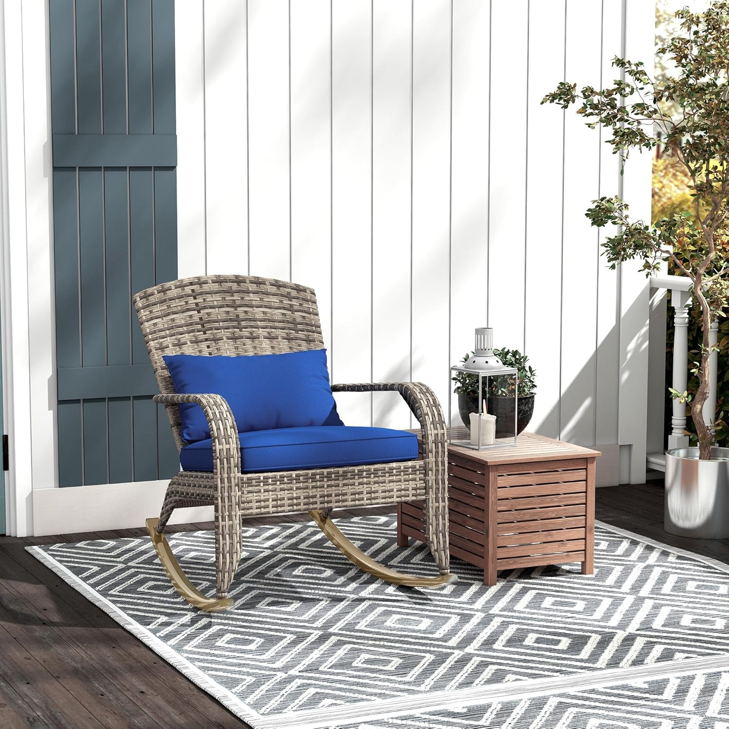 Outsunny Outdoor Wicker Adirondack Rocking Chair, Patio Rattan Rocker Chair with High Back, Seat Cushion, and Pillow for Garden, Porch, Balcony, Dark Blue
