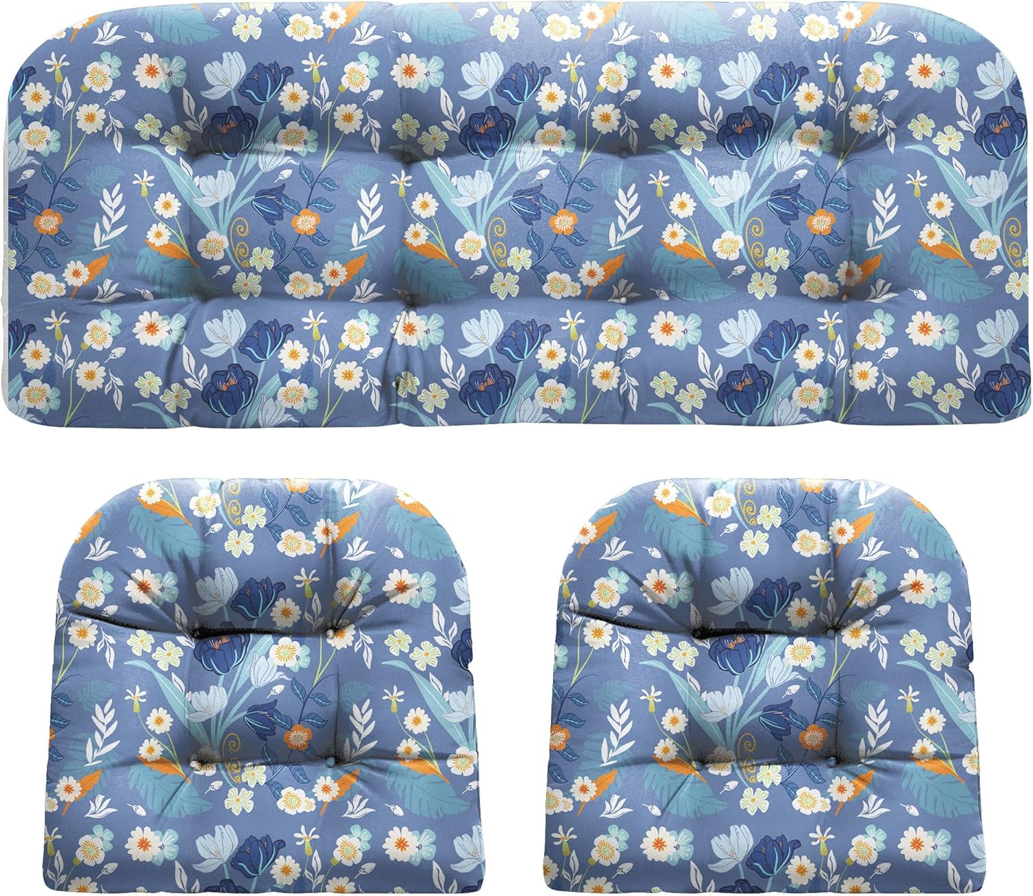 Wicker Chair Cushions, Waterproof Outdoor Loveseat Cushions for Patio Furniture, 3 Pieces Wicker Furniture Cushions, 1 Loveseat and 2 U-Shaped Cushions, Blue