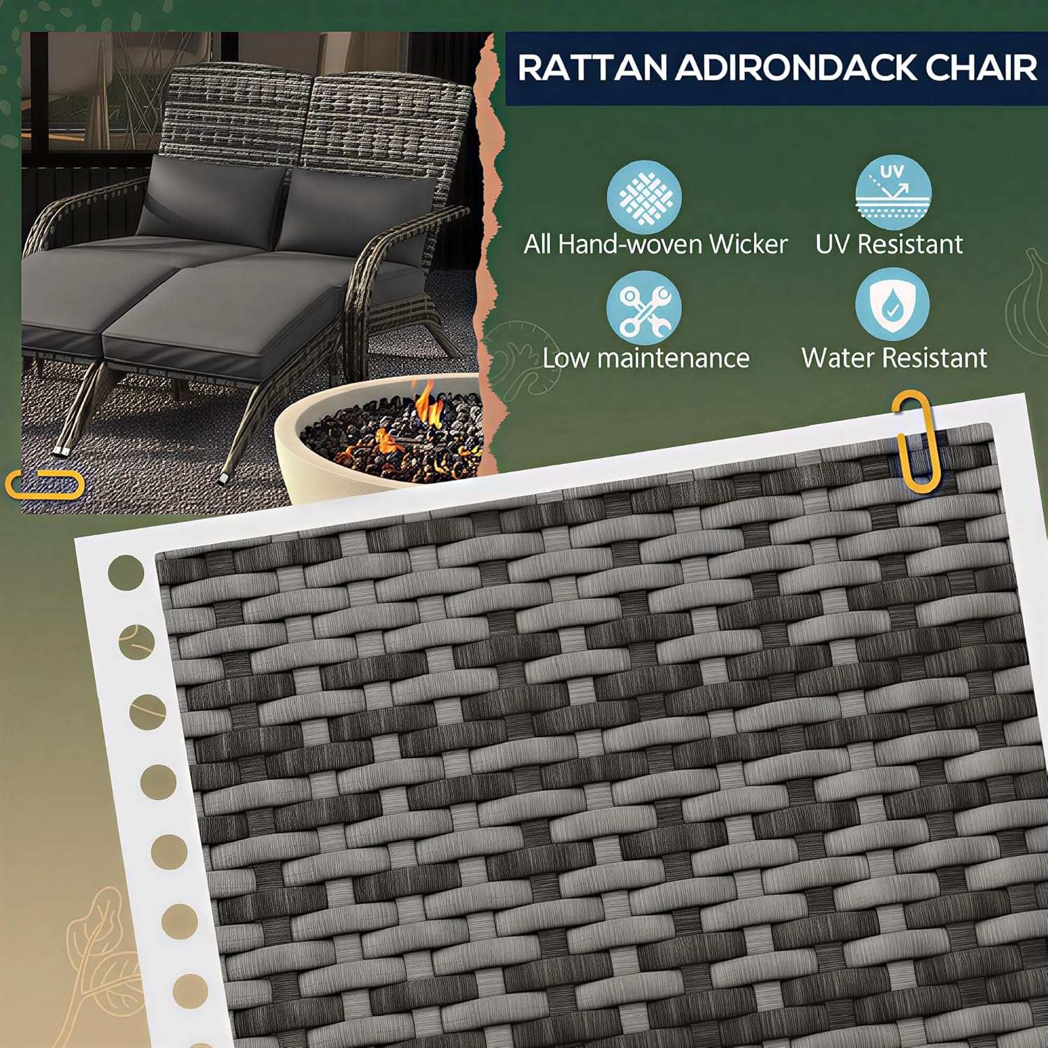 Outsunny Wicker Adirondack Chair for 2 with Cushions and Footrests, High-Back Fire Pit Porch Chair, PE Rattan Double Chaise Lounge Chair with Wide Armrests, Mixed Gray