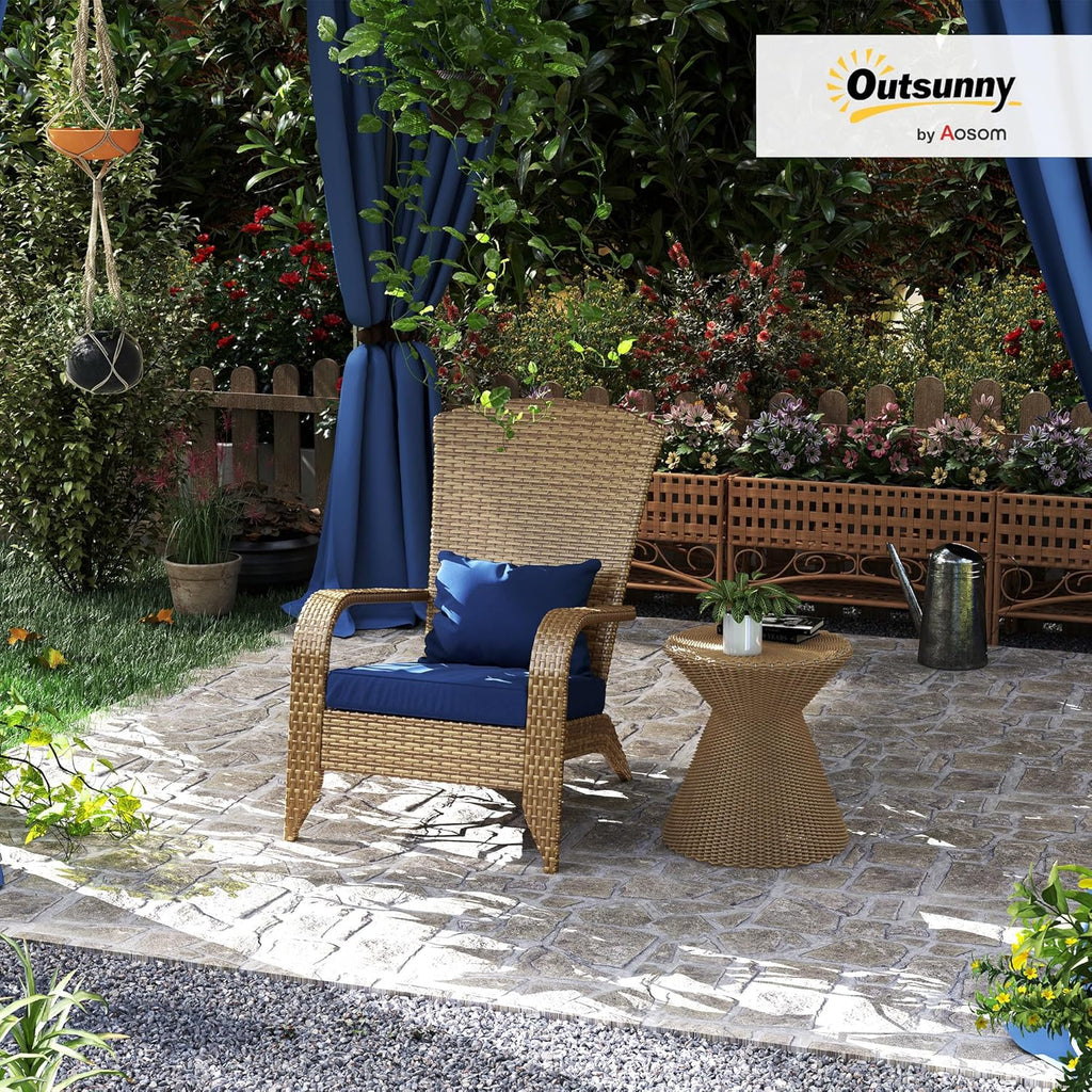 Outsunny Patio Wicker Adirondack Chair, Outdoor All-Weather Rattan Fire Pit Chair with Soft Cushions, Tall Curved Backrest and Comfortable Armrests for Deck or Garden, Dark Blue